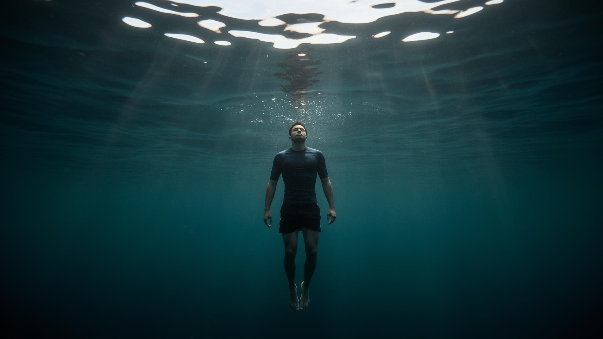 Freediver descending into deep blue Malaysian waters